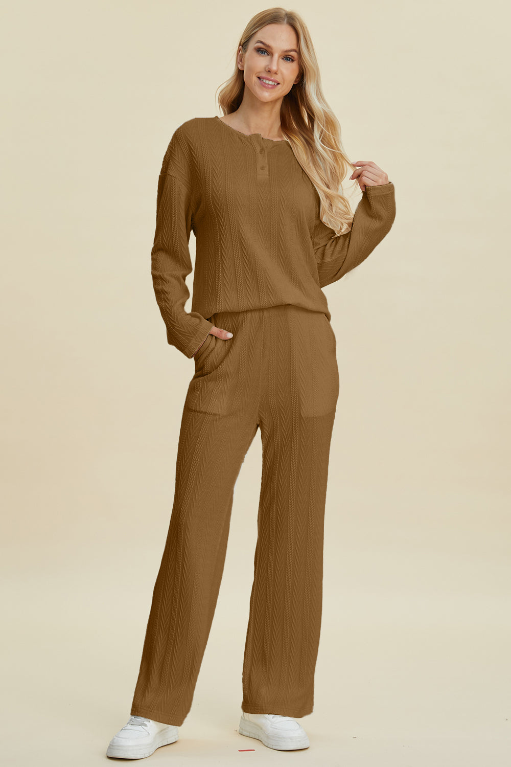 Double Take Full Size Cable-Knit Long Sleeve Top and Pants Set