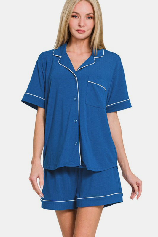 Zenana Button Down Short Sleeve Top and Shorts Lounge Set