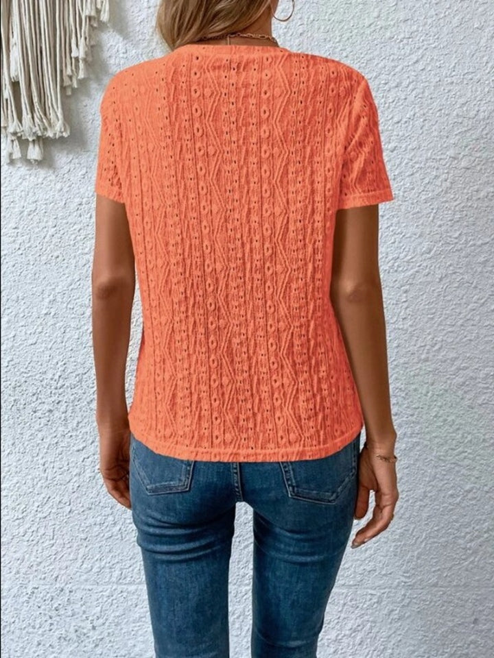 Eyelet Round Neck Short Sleeve T-Shirt