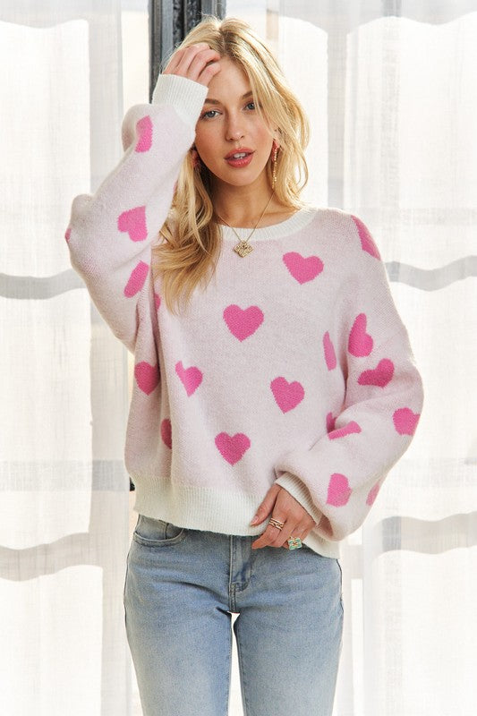 ADORA Heart Round Neck Drop Shoulder Sweater