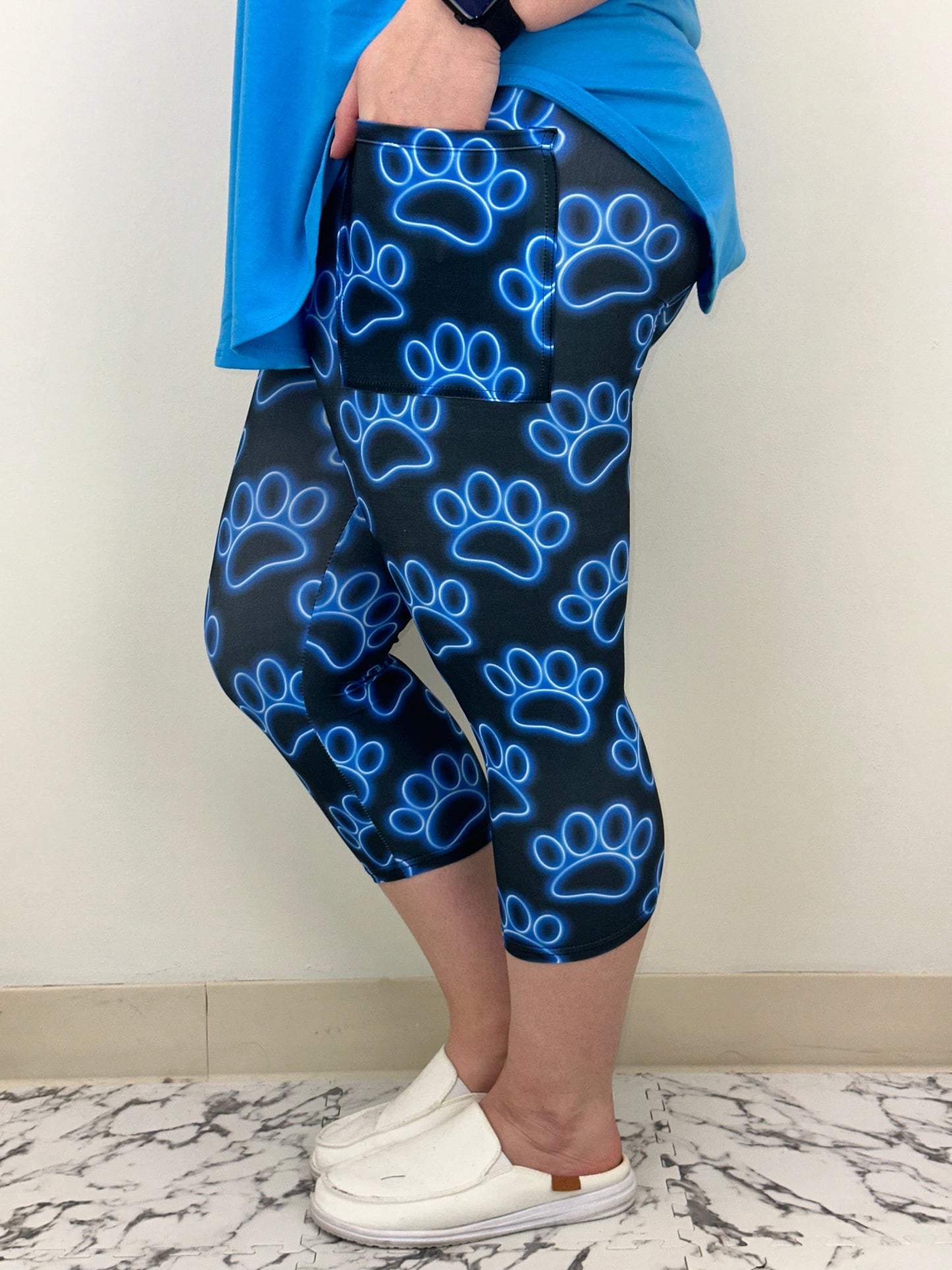 Blue Neon Paw Print Capri w/ Pockets