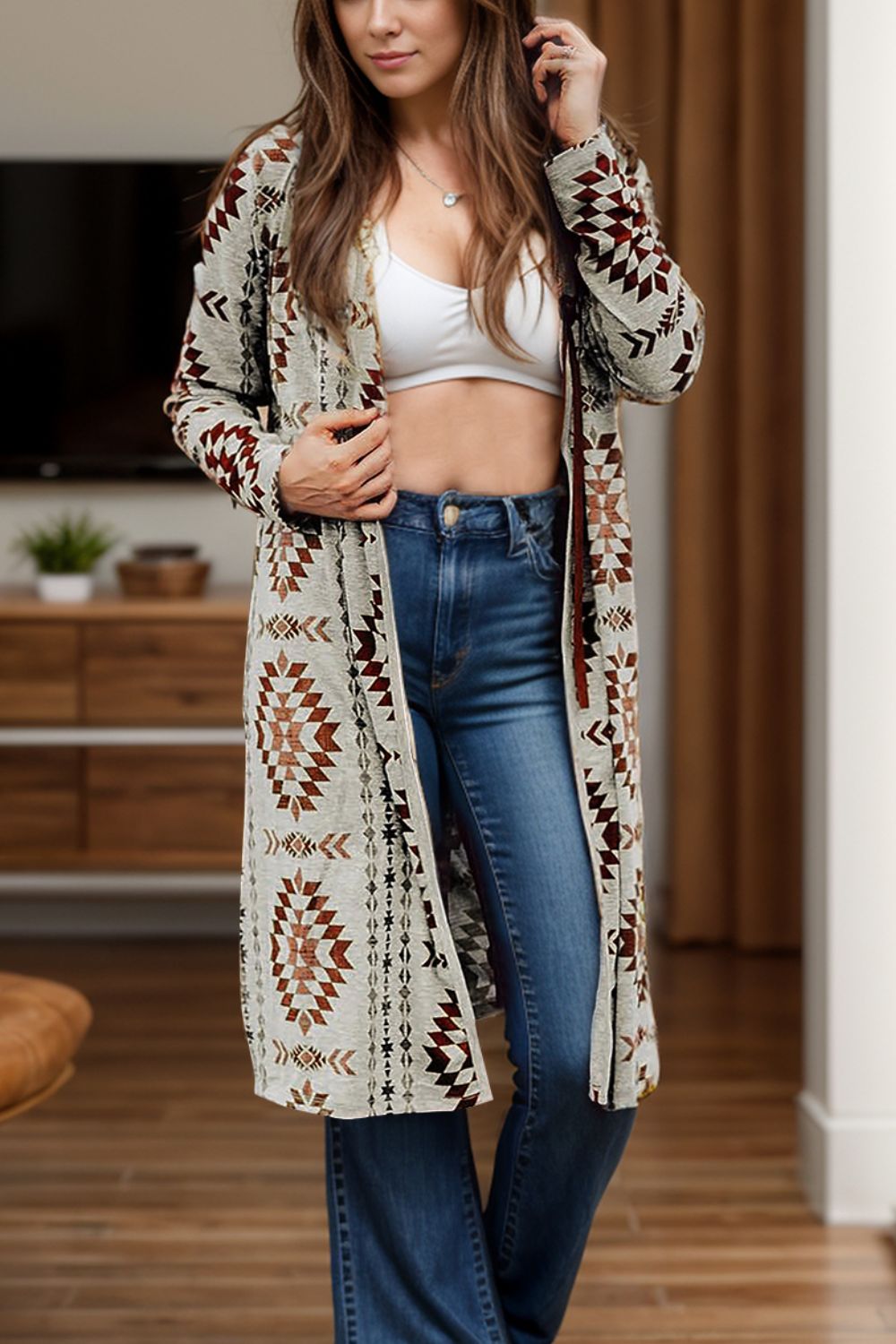 Geometric Open Front Long Sleeve Cover Up