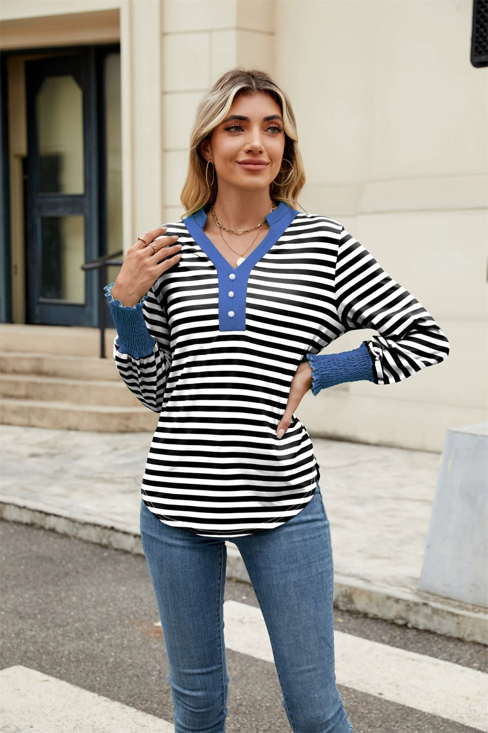 Contrast Striped Notched Long Sleeve Top