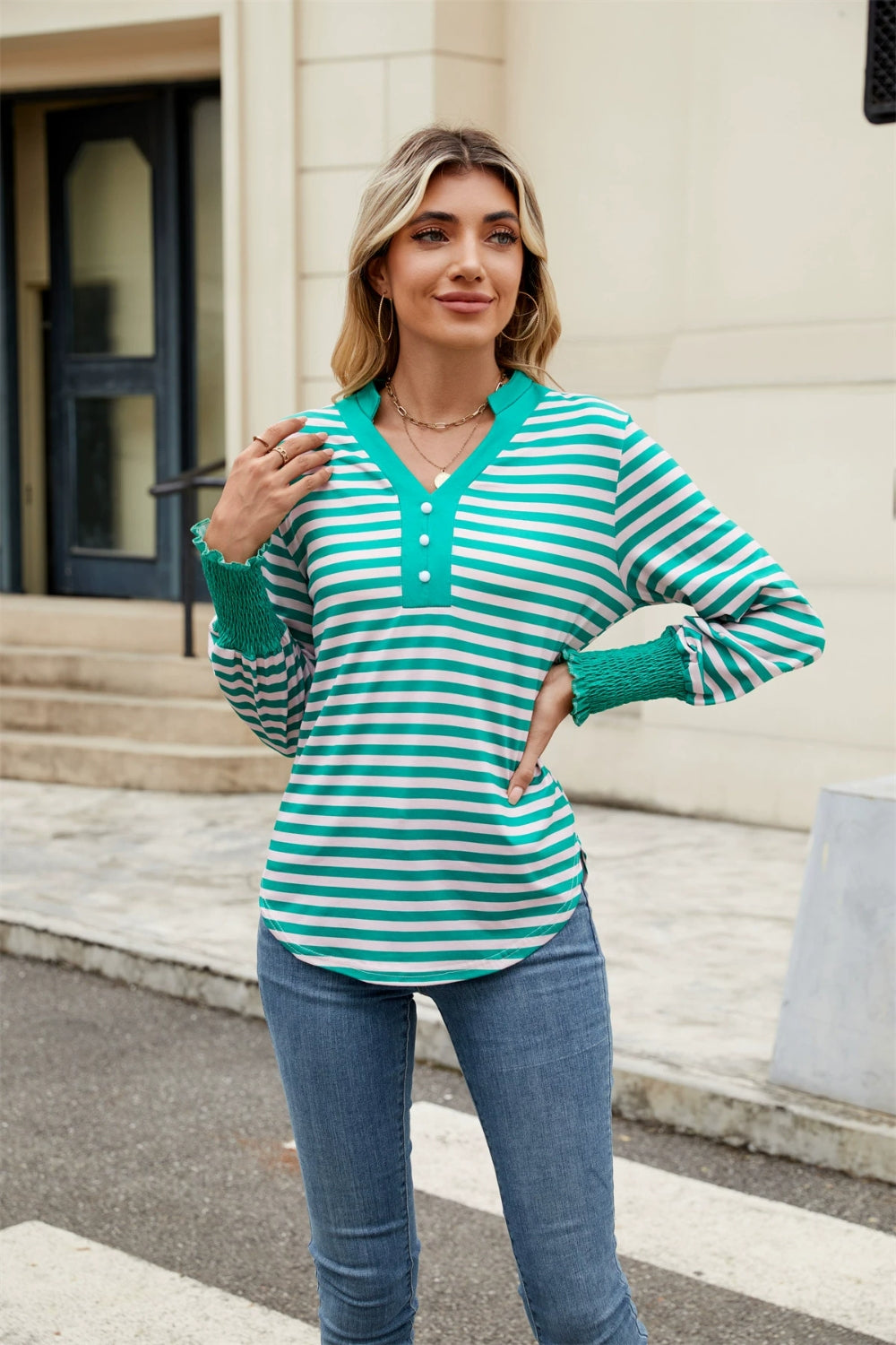 Contrast Striped Notched Long Sleeve Top