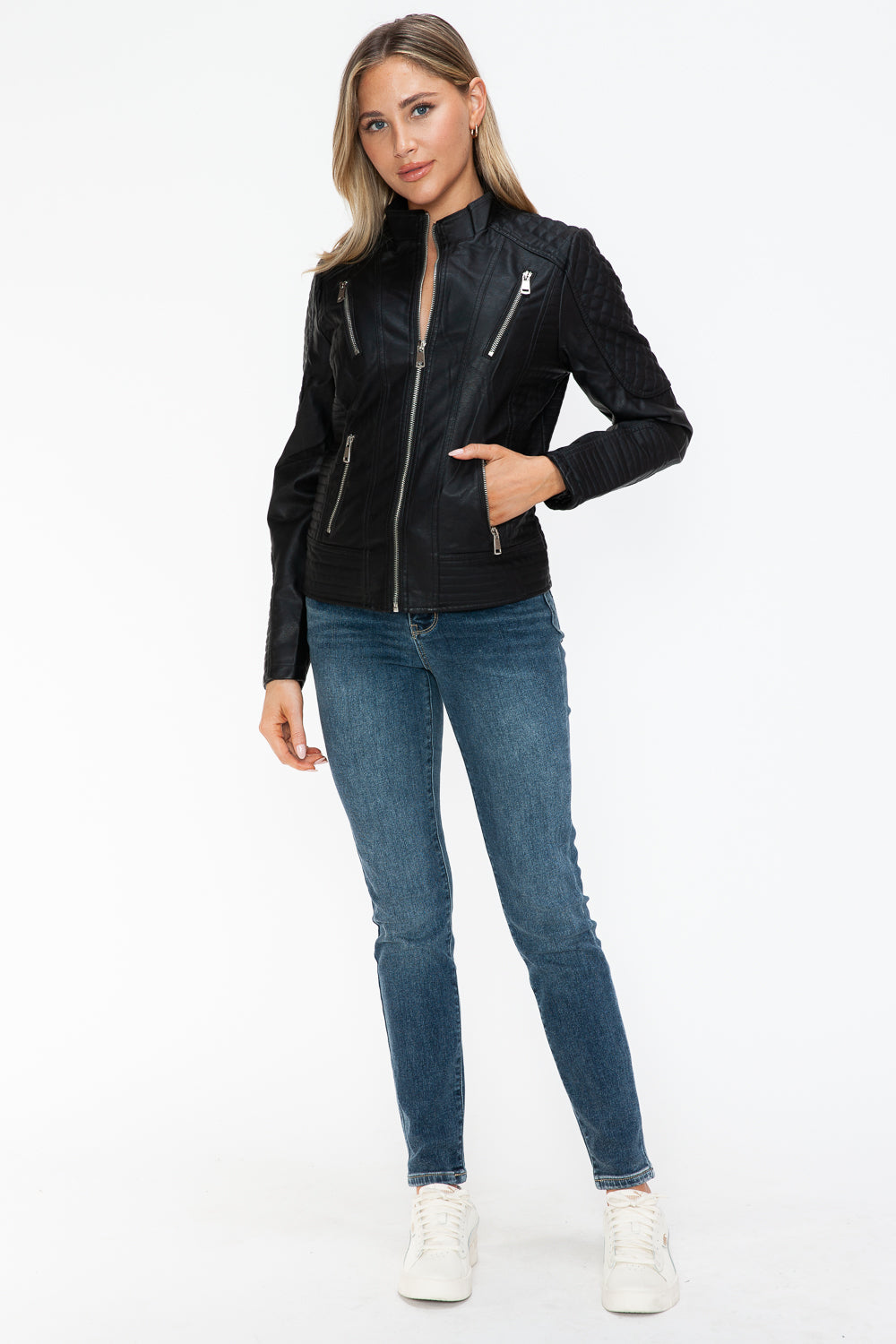 Snobbish Faux Leather Zip Up Mock Neck Jacket