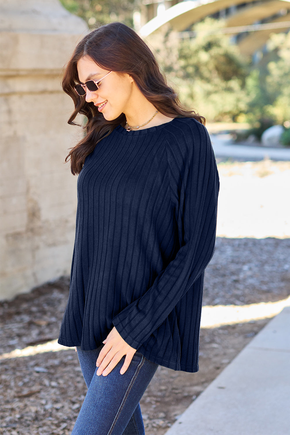 Basic Bae Full Size Ribbed Round Neck Long Sleeve Knit Top