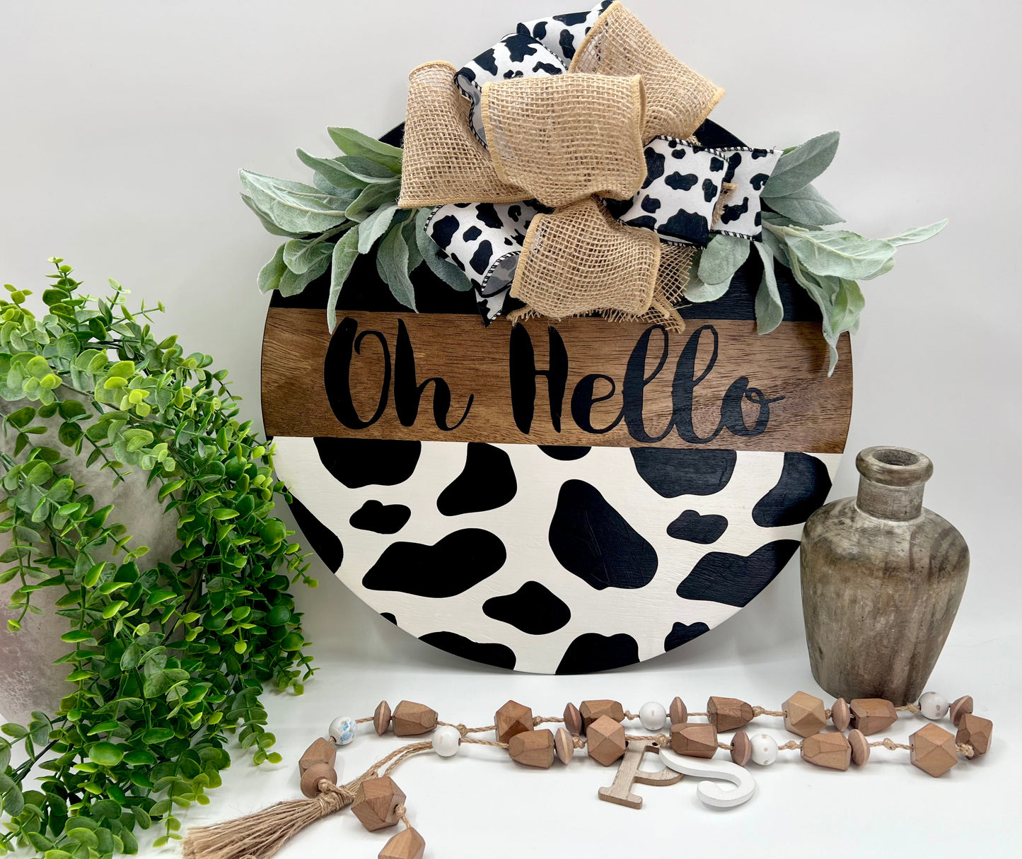 Oh Hello Cowprint - Early Amer. - 18” Door Hanger