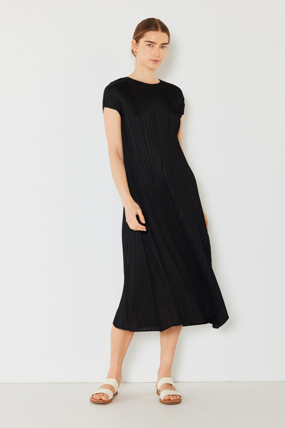 Pleated Cap Sleeve A-Line Dress