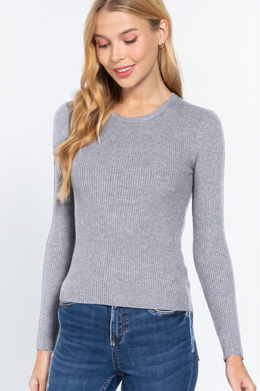 Ribbed Round Neck Long Sleeve Knit Top