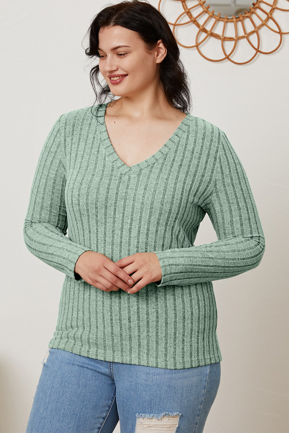 Ribbed V-Neck Long Sleeve T-Shirt