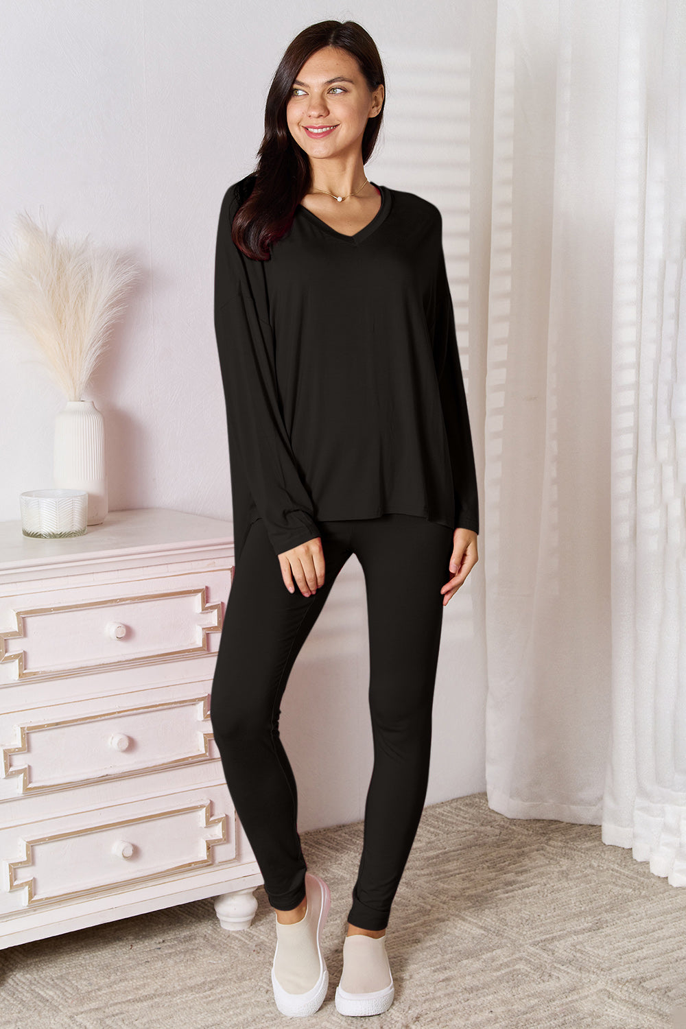 V-Neck Soft Rayon Long Sleeve Top and Pants Lounge Set