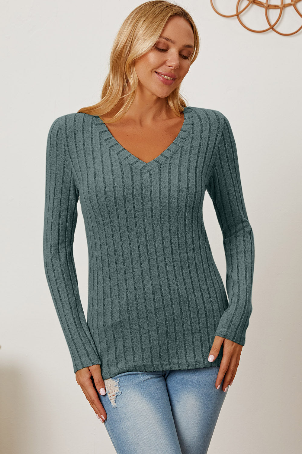 Ribbed V-Neck Long Sleeve T-Shirt