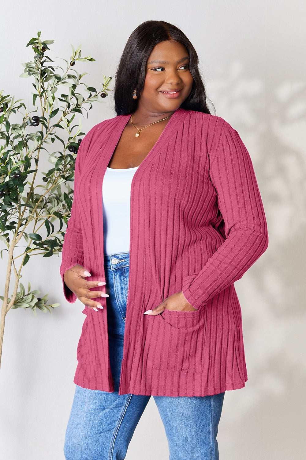 Ribbed Open Front Cardigan with Pockets