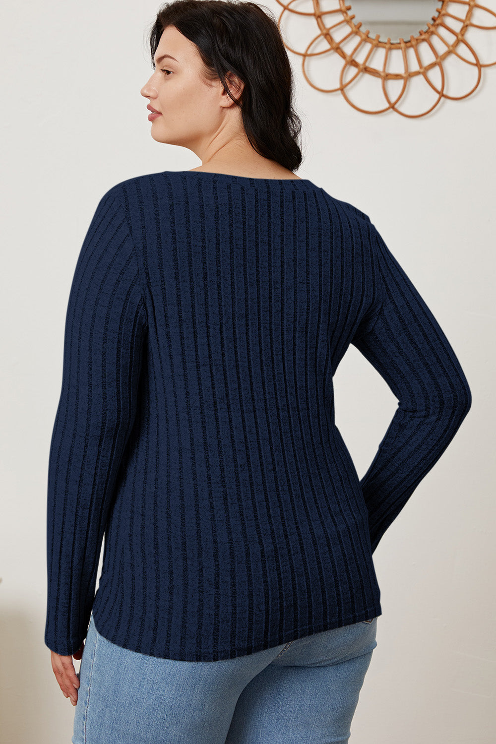 Ribbed V-Neck Long Sleeve T-Shirt