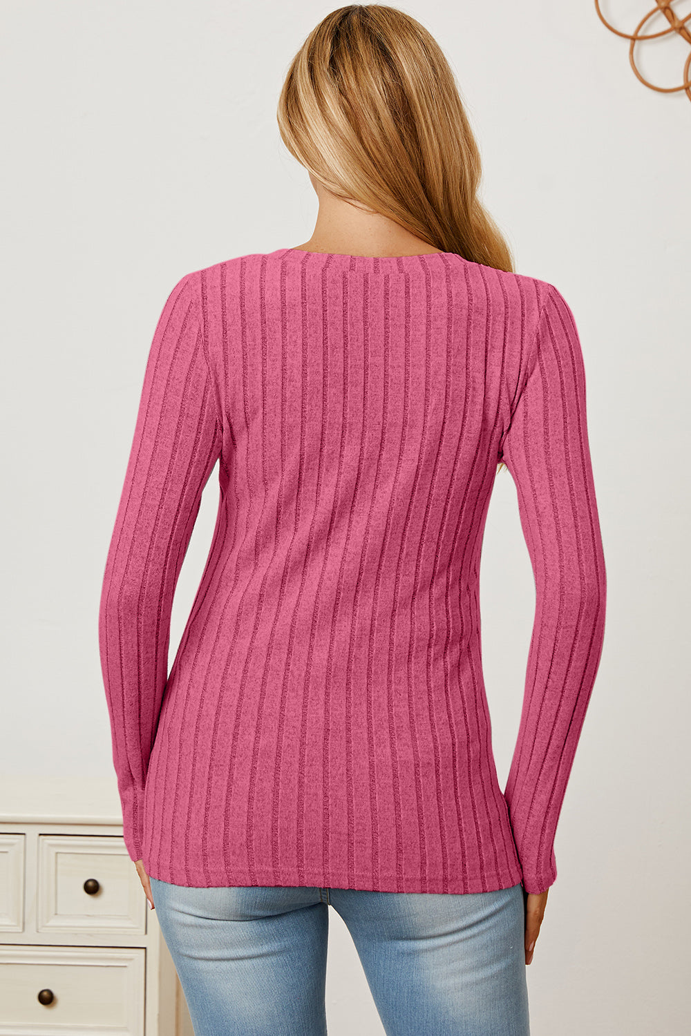 Ribbed V-Neck Long Sleeve T-Shirt