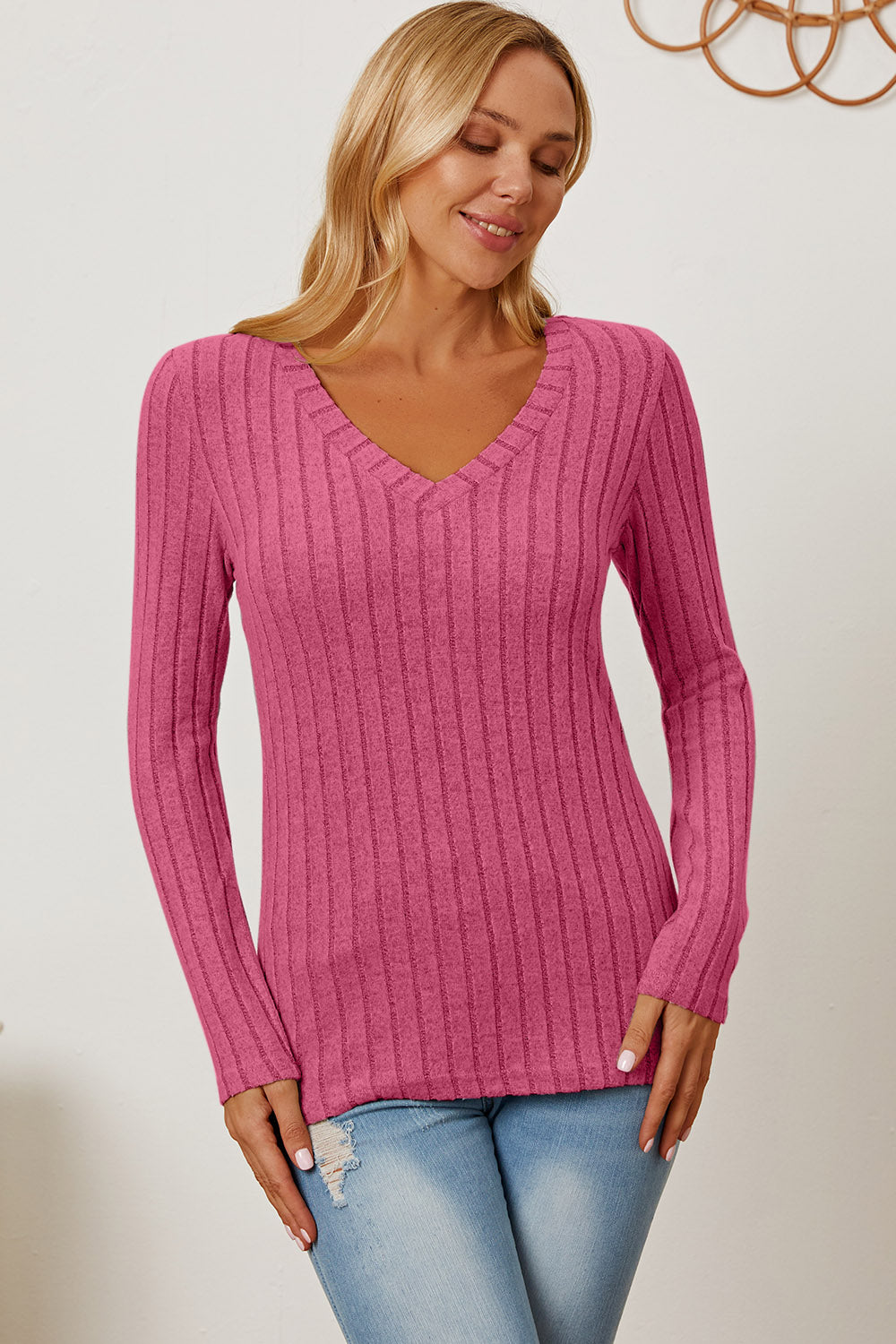 Ribbed V-Neck Long Sleeve T-Shirt