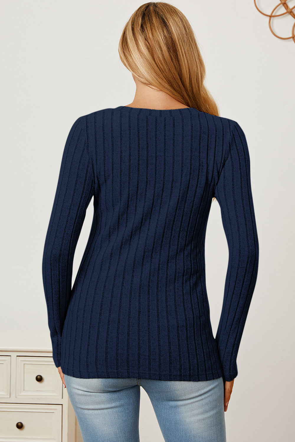 Ribbed V-Neck Long Sleeve T-Shirt