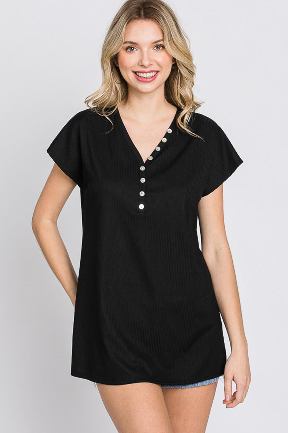 Front Button V-Neck Short Sleeve T-Shirt