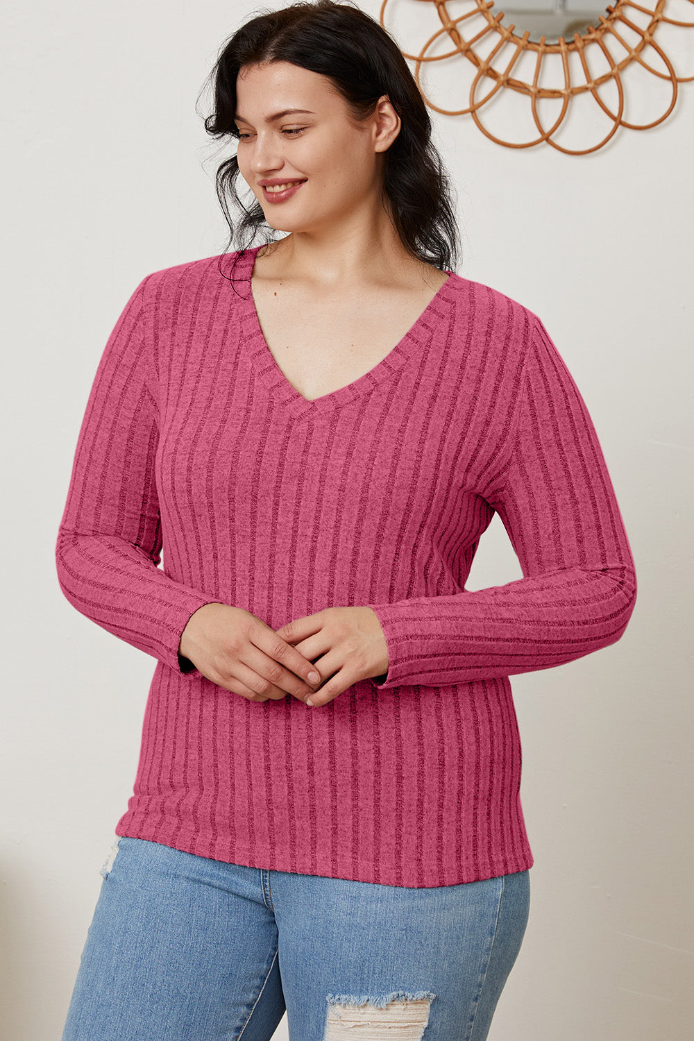 Ribbed V-Neck Long Sleeve T-Shirt